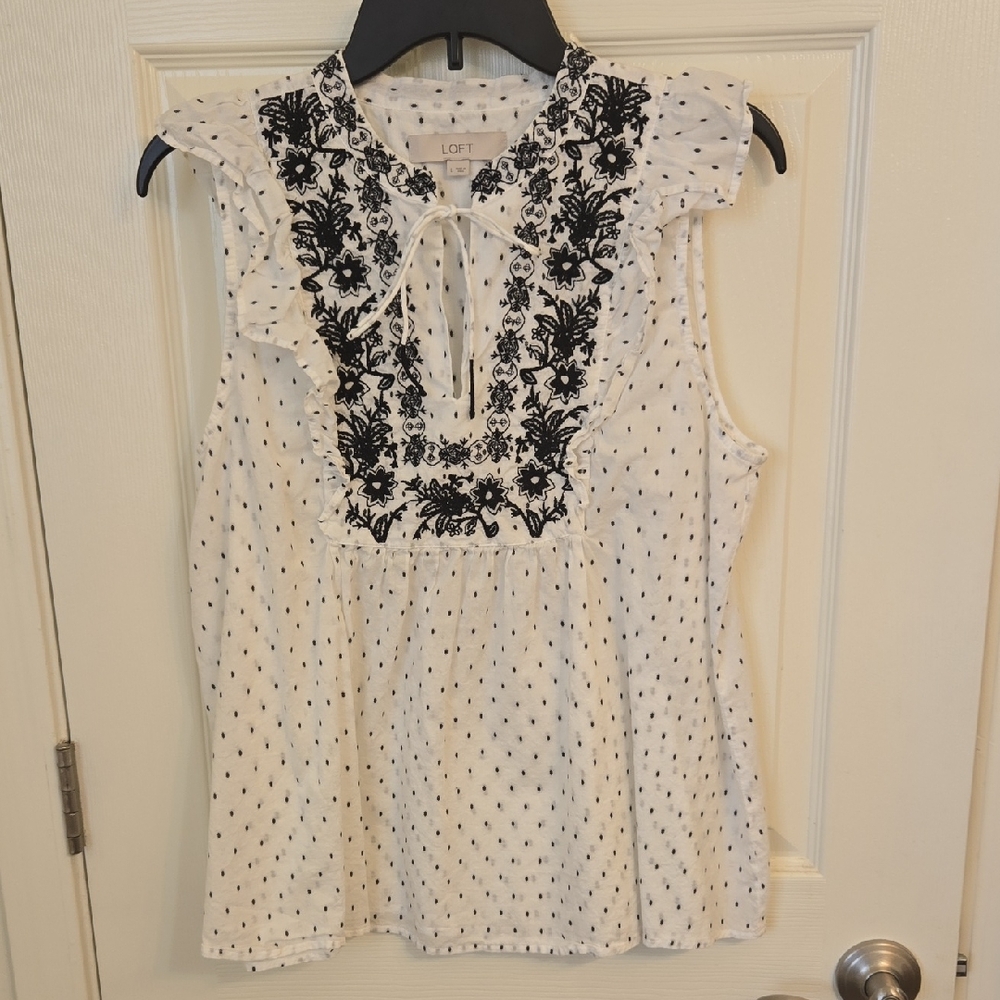 LOFT White and Black Floral Embroidered Blouse